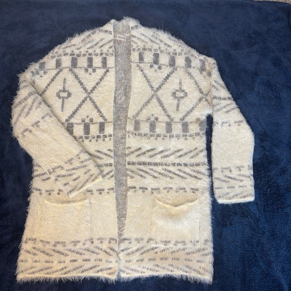 Knox Rose Cardigan Women L Cream Gray Fuzzy Eyelash Knit Geometric Boho